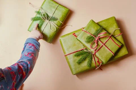 Presents scissors and thread for pacing top view christmas concept sale beige Stock Photos