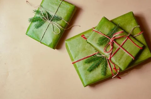 Presents scissors and thread for pacing top view christmas concept sale beige Stock Photos