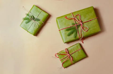 Presents scissors and thread for pacing top view christmas concept sale beige Stock Photos