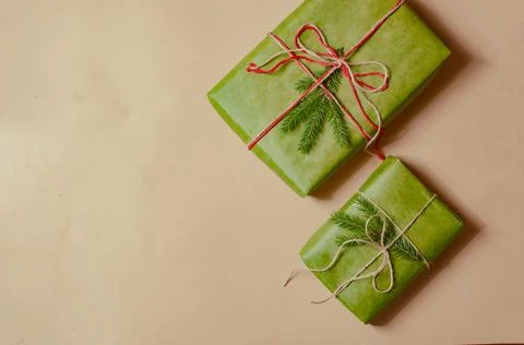 Presents scissors and thread for pacing top view christmas concept sale beige Stock Photos