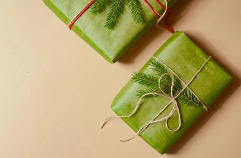 Presents scissors and thread for pacing top view christmas concept sale beige Stock Photos