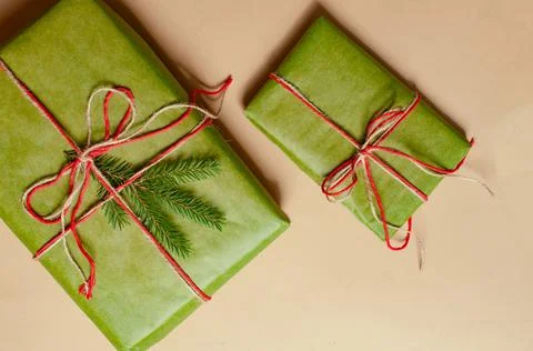 Presents scissors and thread for pacing top view christmas concept sale beige Stock Photos