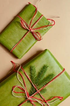 Presents scissors and thread for pacing top view christmas concept sale beige Stock Photos