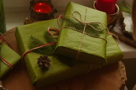 Presents scissors and thread for pacing top view christmas concept sale beige Stock Photos