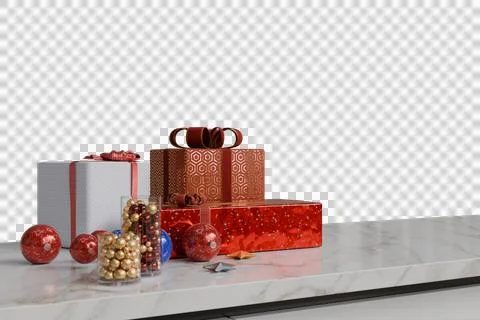 Presents wrapped in patterned red and white paper are stacked alongside Stock Photos