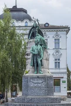 The Prešeren Monument sculpture at the Prešeren Square, Ljubljana, Slovenia. Stock Photos