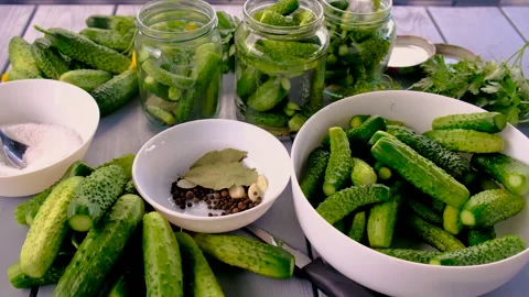 Preservation of cucumbers in jars. Selective focus. Stock Footage 263826271