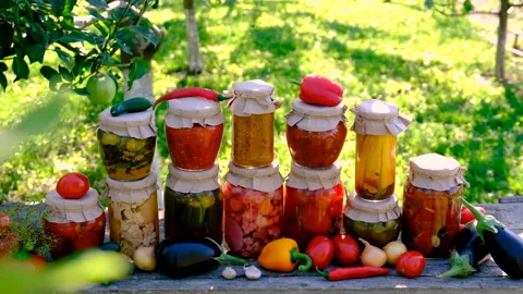 Preservation of different kinds in jars. Selective focus. Stock Footage 293934722