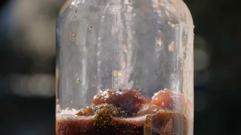 Preservation of fruit. Fig jam. Figs fall into a glass jar. Yellow-brown syrup Stock Footage 149427537