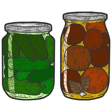 Preservation, set color. Two jars of cucumbers and tomatoes. Sketch scratch Stock Illustration