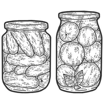 Preservation, set. Two jars of cucumbers and tomatoes. Sketch scratch board Stock Illustration