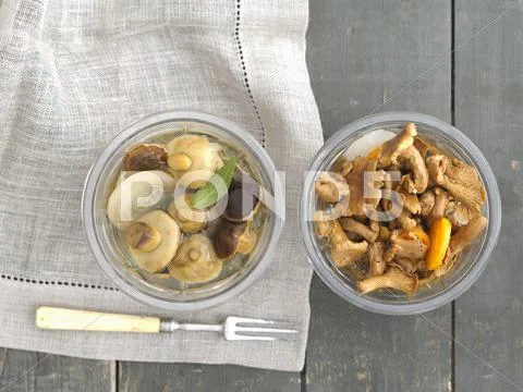 Preserved bay boletes and chanterelle mushrooms Stock Photos