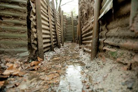 Preserved World War One trenches at Sanctuary Wood, Ypres, Belgium. Stock Photos