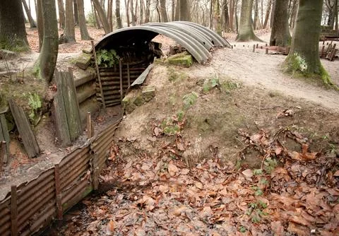 Preserved World War One trenches at Sanctuary Wood, Ypres, Belgium. Stock Photos