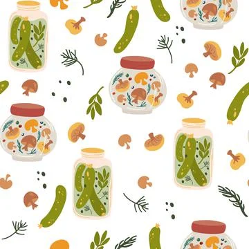 Preserving seamless pattern. Pickled cucumbers and mushrooms. Canned, Preserv Stock Illustration