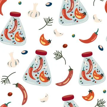 Preserving seamless pattern. Pickled peppers. Canned, Preserve and Jar Food.  Stock Illustration