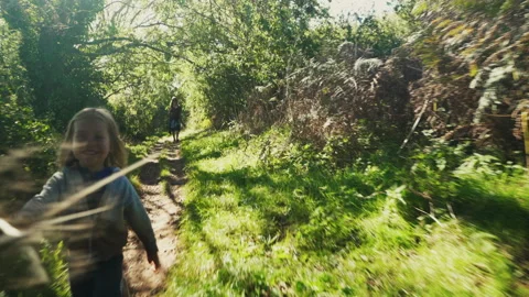 Preshooler with a stick running on path in countryside Stock Footage 142742269