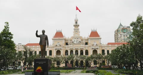 President Ho Chi Minh Statue in front of Saigon's People's Committee Building 8K Stock Footage 237335136