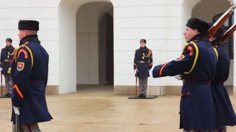 Presidential Guards performing changing of the guard ceremony in Bratislava Stock Footage 303384319
