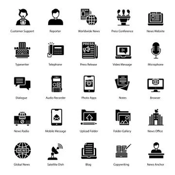 Press and Media Solid Icons Pack Stock Illustration
