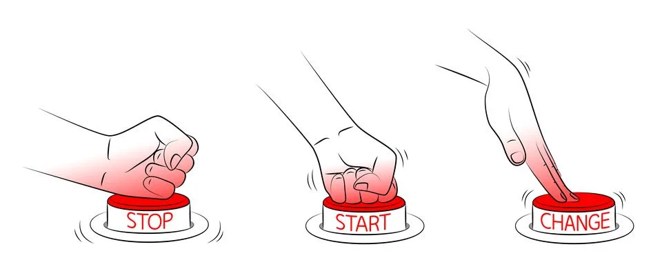 Press button with inscriptions STOP, START, CHANGE. Personality transformation Stock-Illustration
