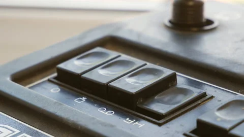 Press a button on a vintage tape recorder. Close-up Stock Footage 108259891