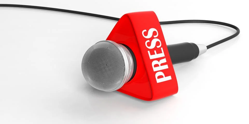 Press concept. Cable microphone with red press box isolated on white backgrou Stock Illustration