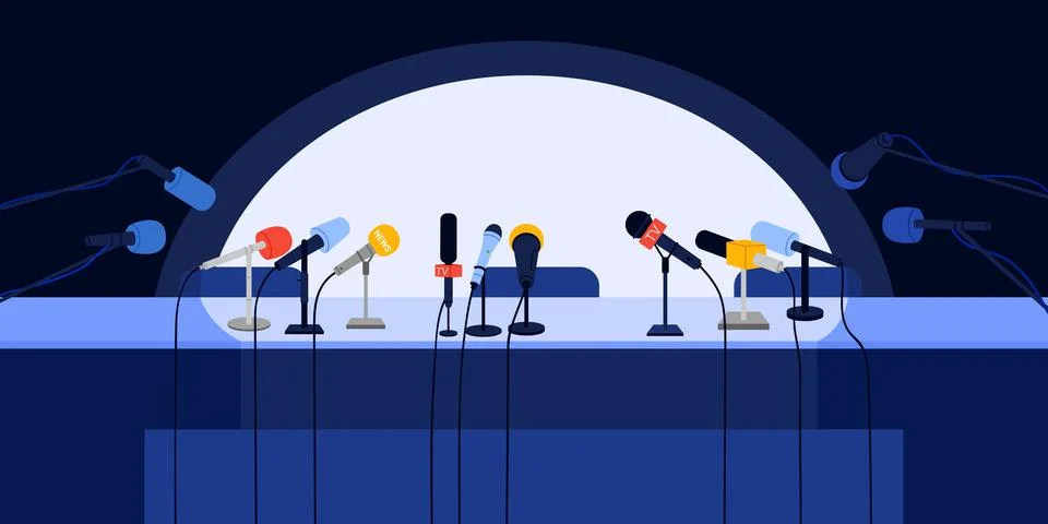 Press conference empty room, interview in auditorium with table Illustrazione stock
