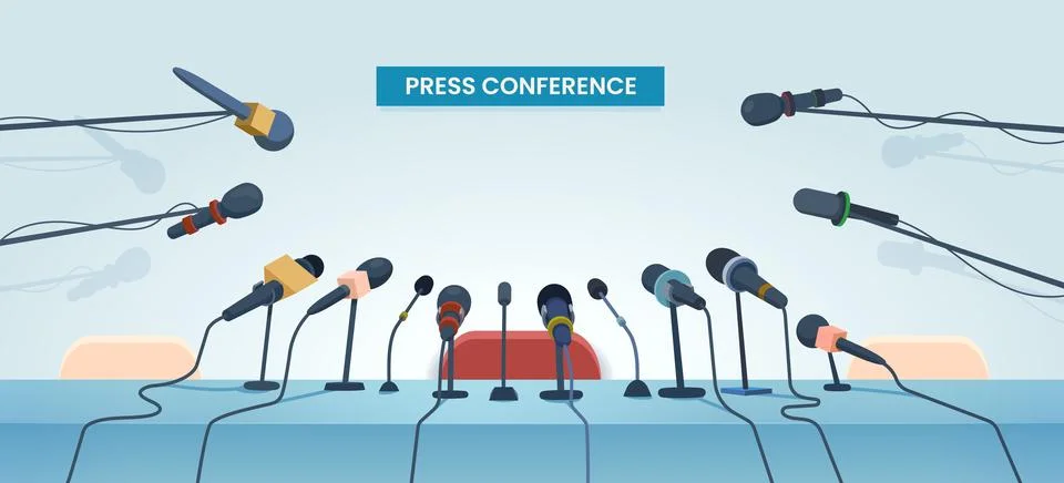 Press conference interview table and microphones Illustrazione stock