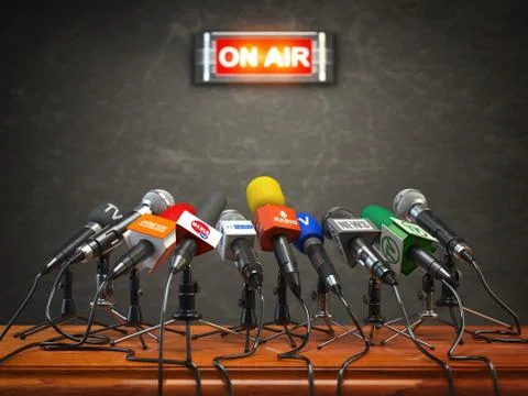 Press conference or interview on air.  Microphones of different mass media, r Stock Photos