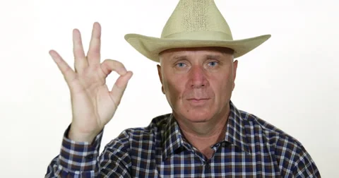 Press Conference Presentation Farmer Man Cowboy Hat Agree Gesture Ok Sign Hand Stock-Footage 58604348