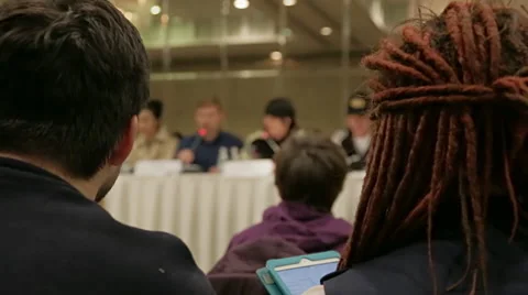 Press conference view from behind Stock Footage 48799776
