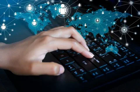 Press Enter button on the computer. business Communication Network World map Stock Photos