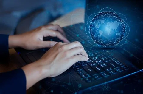 Press enter button on the computer. business logistics Communication network Stock Photos