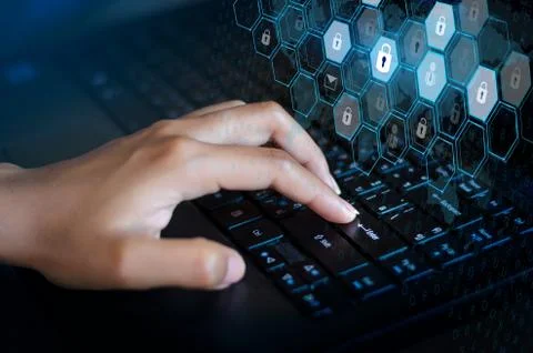 Press enter button on the computer. Key lock security system abstract technol Foto stock