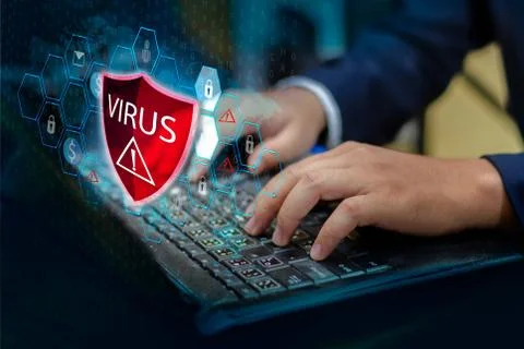 Press enter button on the keyboard computer Protective shield virus red Excla Stock Photos