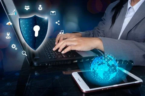 Press enter button on the keyboard computer Shield cyber Key lock security sy Stock Photos