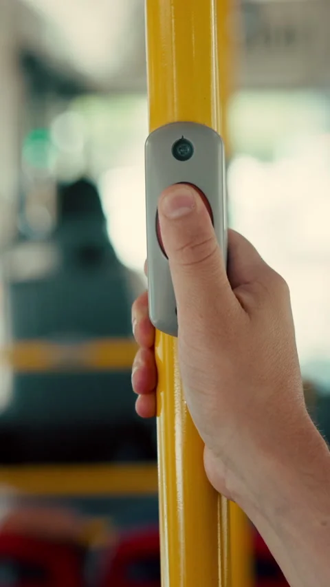 Press, hands and stop button in bus for travel, passenger destination and Video stock 335278183