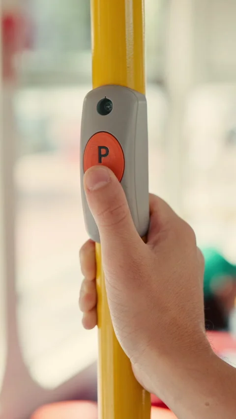 Press, hands or person with button in bus for travel, passenger destination or Stock Footage 335298242