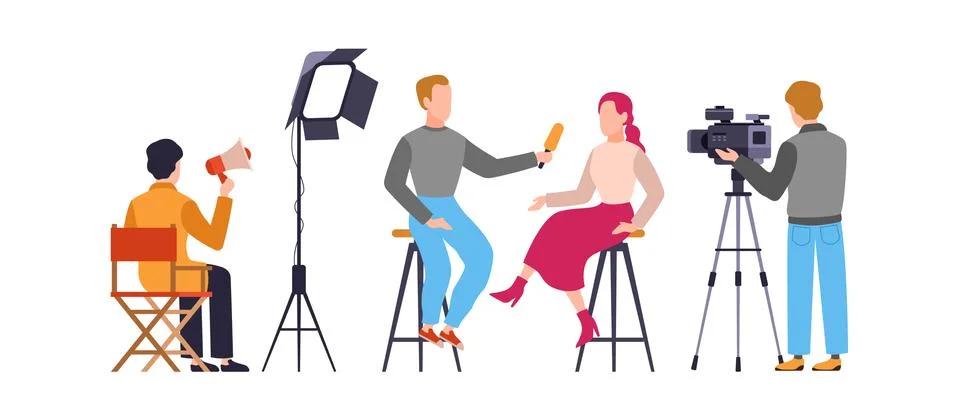 Press interview with cameraman. Journalist interviews. Newscaster and journalist Illustrazione stock