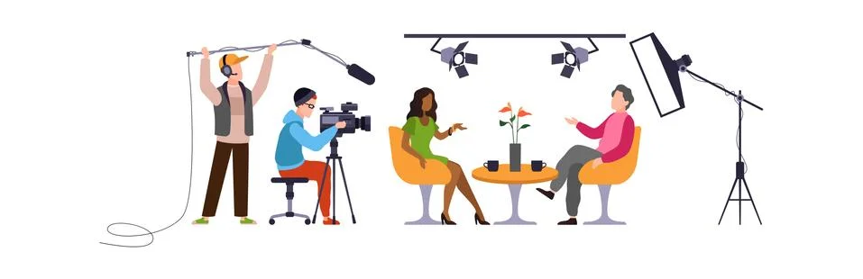 Press interview with cameraman. Operator holds camera, man with microphone and Illustrazione stock