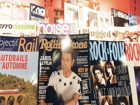Press kiosk magazine cover of Rolling Stone with David Bowie Stock Footage