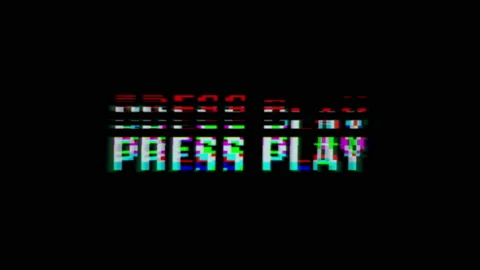 Press play glitch text animation, retro style graphic on a black background Stock Footage 220506279
