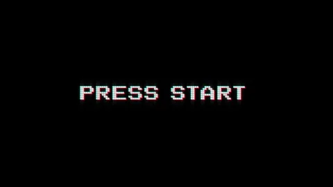 Press start 8-bit text pixel dynamic glitch animation video game effect Stock Footage 313076160
