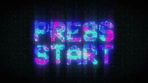 Press start in 90"s style with colorful glitch. Retro arcade, vintage and pixel  Stock Footage 233011482