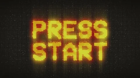 Press start in 90"s style with colorful glitch. Retro arcade, vintage and pixel  Stock Footage 233011656