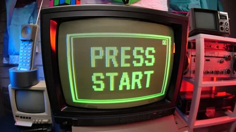 PRESS START Retro Video Game on Vintage TV Stock Footage 149382112