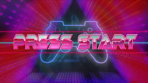 Press Start text animation over neon game controller with colorful lights Video stock 304407546