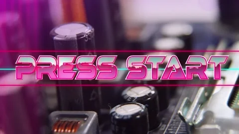 Press start text on neon banner against close up of microprocessor connections Stock Footage 158414102