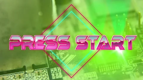 Press start text on neon squares against close up of microprocessor connections Vídeo Stock 158414137